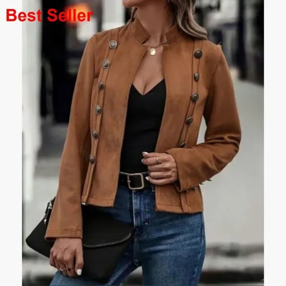 Faux Suede Leather Jacket Long Sleeve Blazer Cropped Slim Waist - Picture 2 of 5